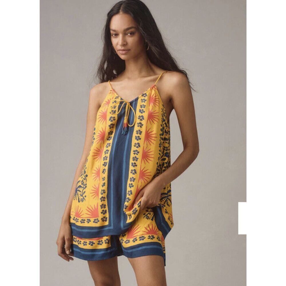 Farm Rio x Anthropologie Tie-Neck Layered Romper Size X-Small Yellow Montif
